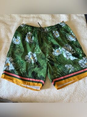Agua Bendita Green Floral Swim Board Shorts with Yellow & Pink Trim